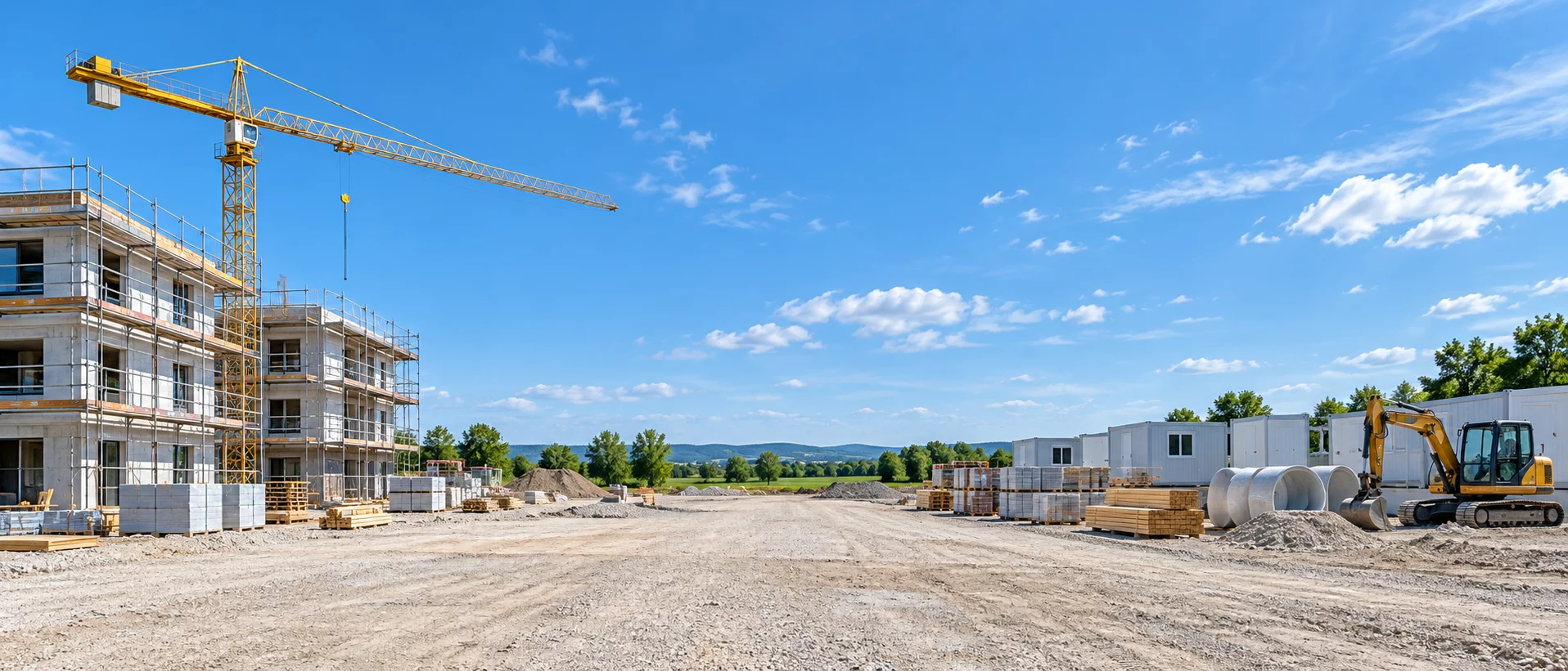 Baustelle mit Kran, eingerüstetem Rohbau und Baumaterial bei Tageslicht