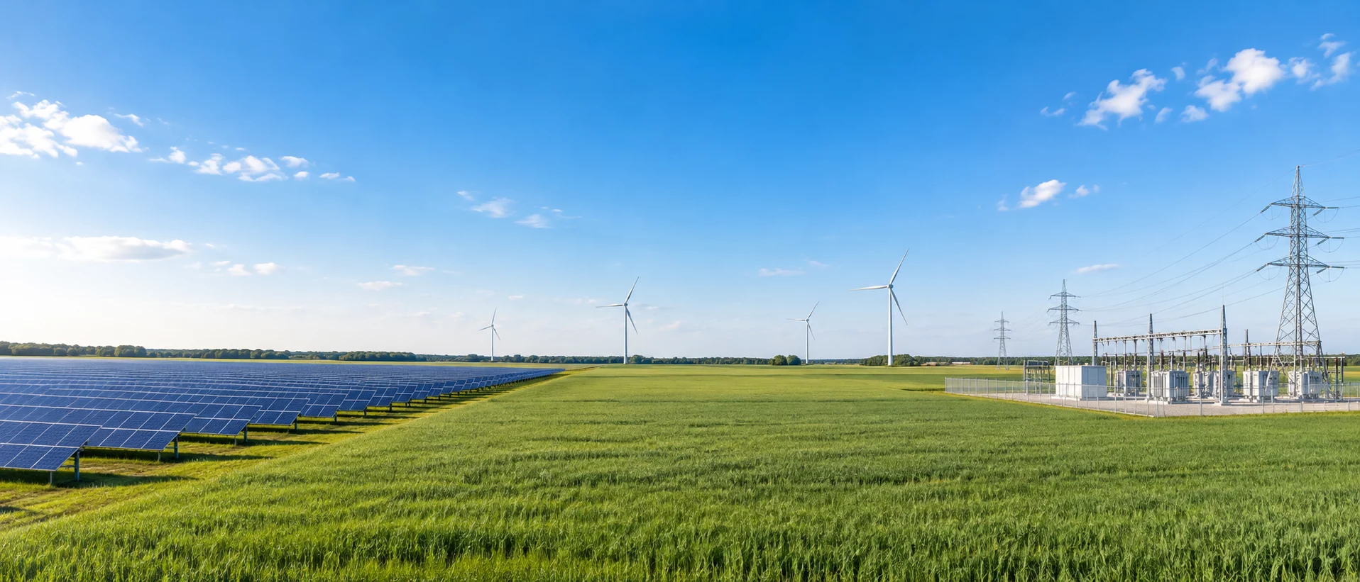 Solarpark auf freiem Feld mit Umspannwerk, Strommasten und Windrädern am Horizont