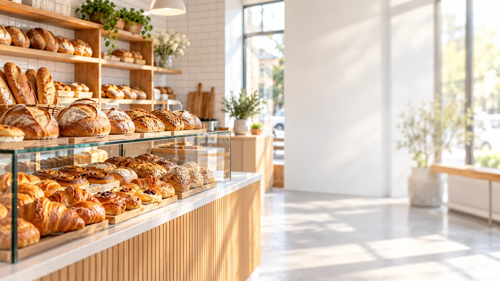 Heller Verkaufsraum einer Bäckerei mit Theke und frischen Backwaren