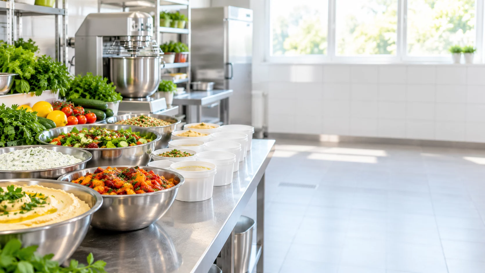 Helle Feinkostküche mit Schüsseln frisch zubereiteter Salate, Aufstriche und Dressings