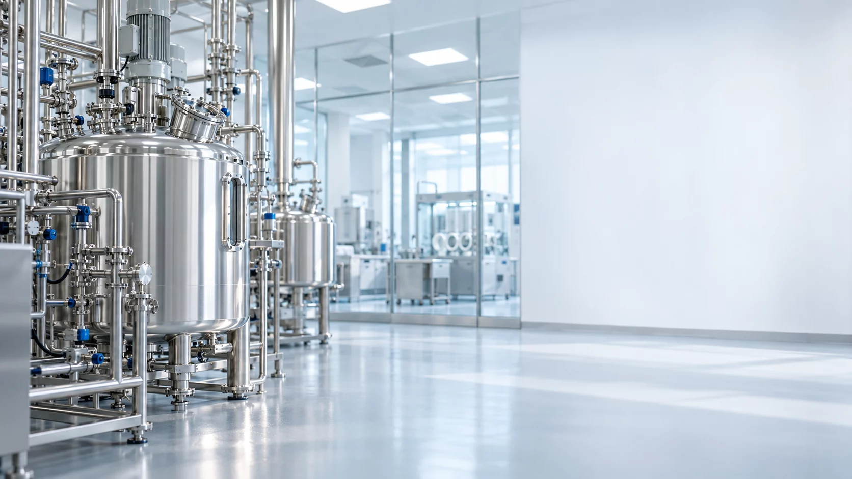 Edelstahlbehälter und Rohrleitungen in einer pharmazeutischen Produktionsanlage mit Reinraum