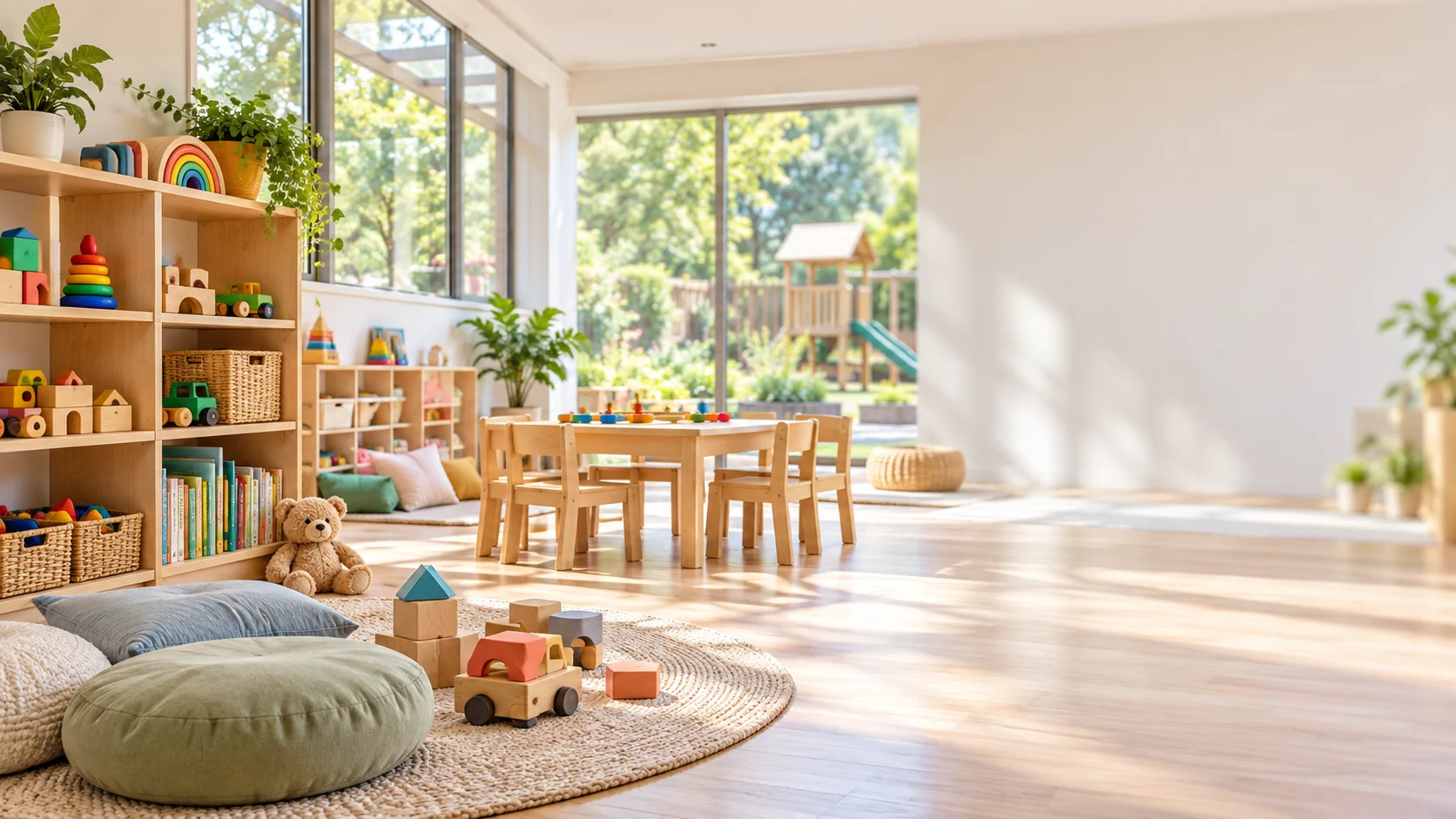 Heller Gruppenraum einer Kita mit Holzregalen, Spielzeug und Blick in den Garten