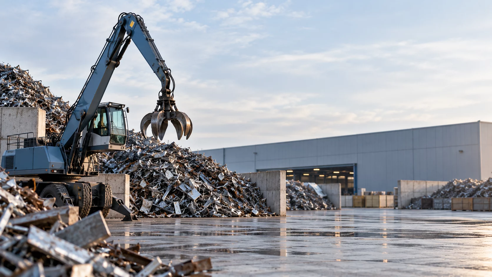 Umschlagbagger mit Schrottgreifer vor sortierten Schrotthaufen auf einem Recyclinghof