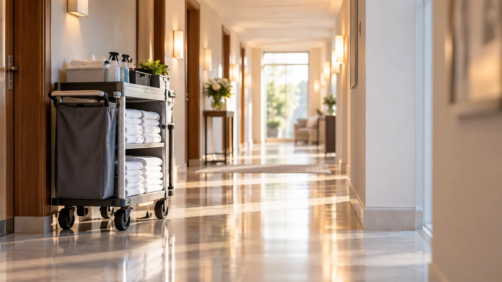Housekeeping-Wagen mit Handtüchern in einem hellen Hotelflur