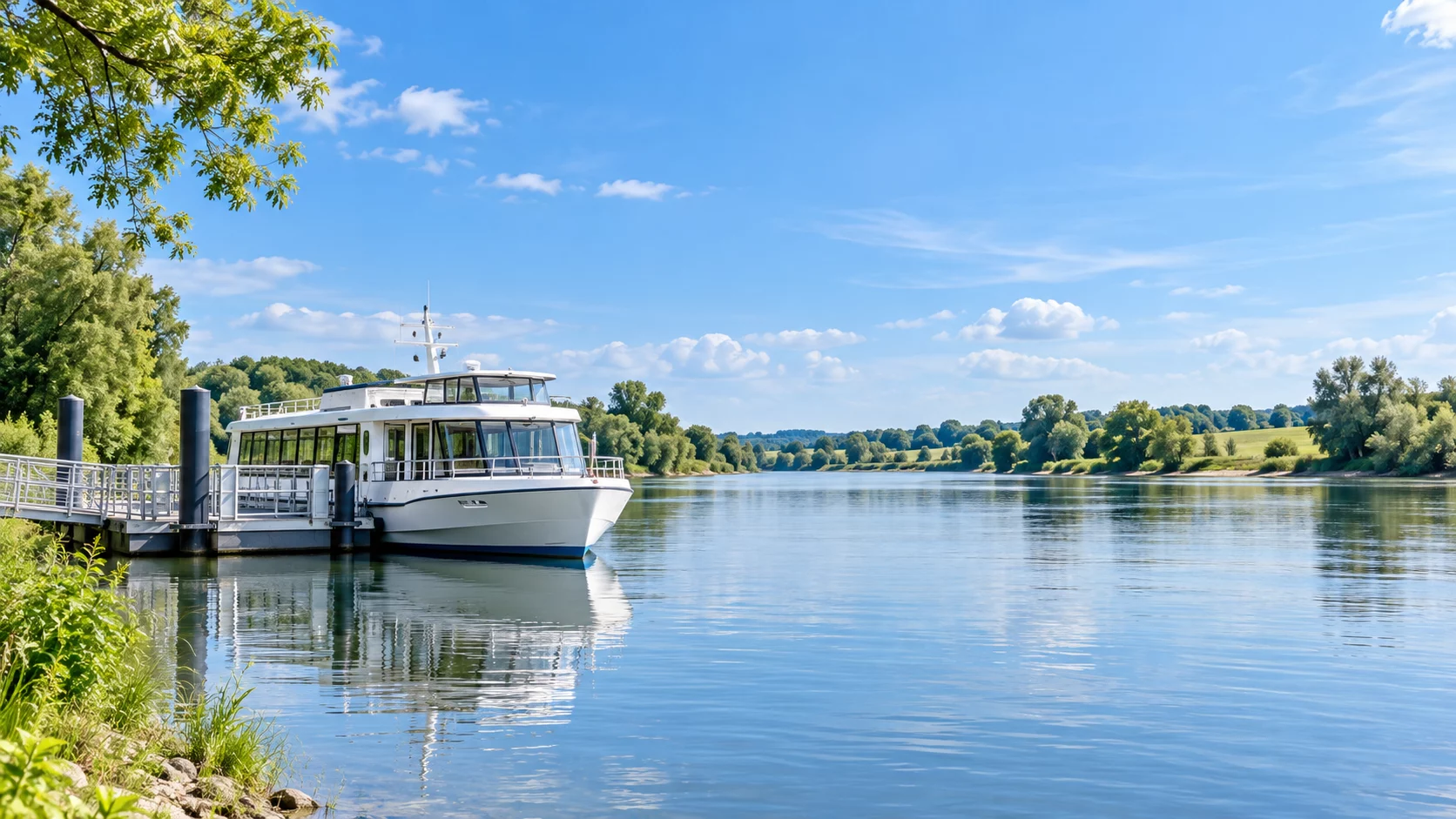 Ausflugsschiff an einer Anlegestelle auf einem ruhigen Fluss bei Tageslicht