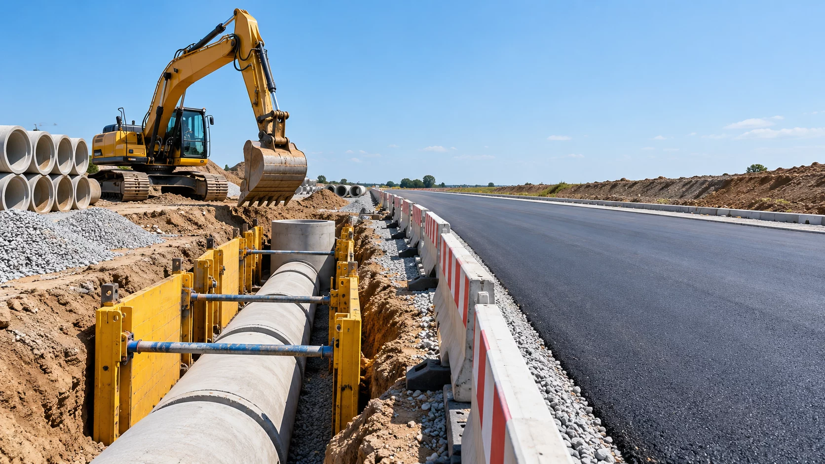 Leitungsbau mit Bagger, verbautem Graben und Betonrohren neben einer frisch asphaltierten Straße