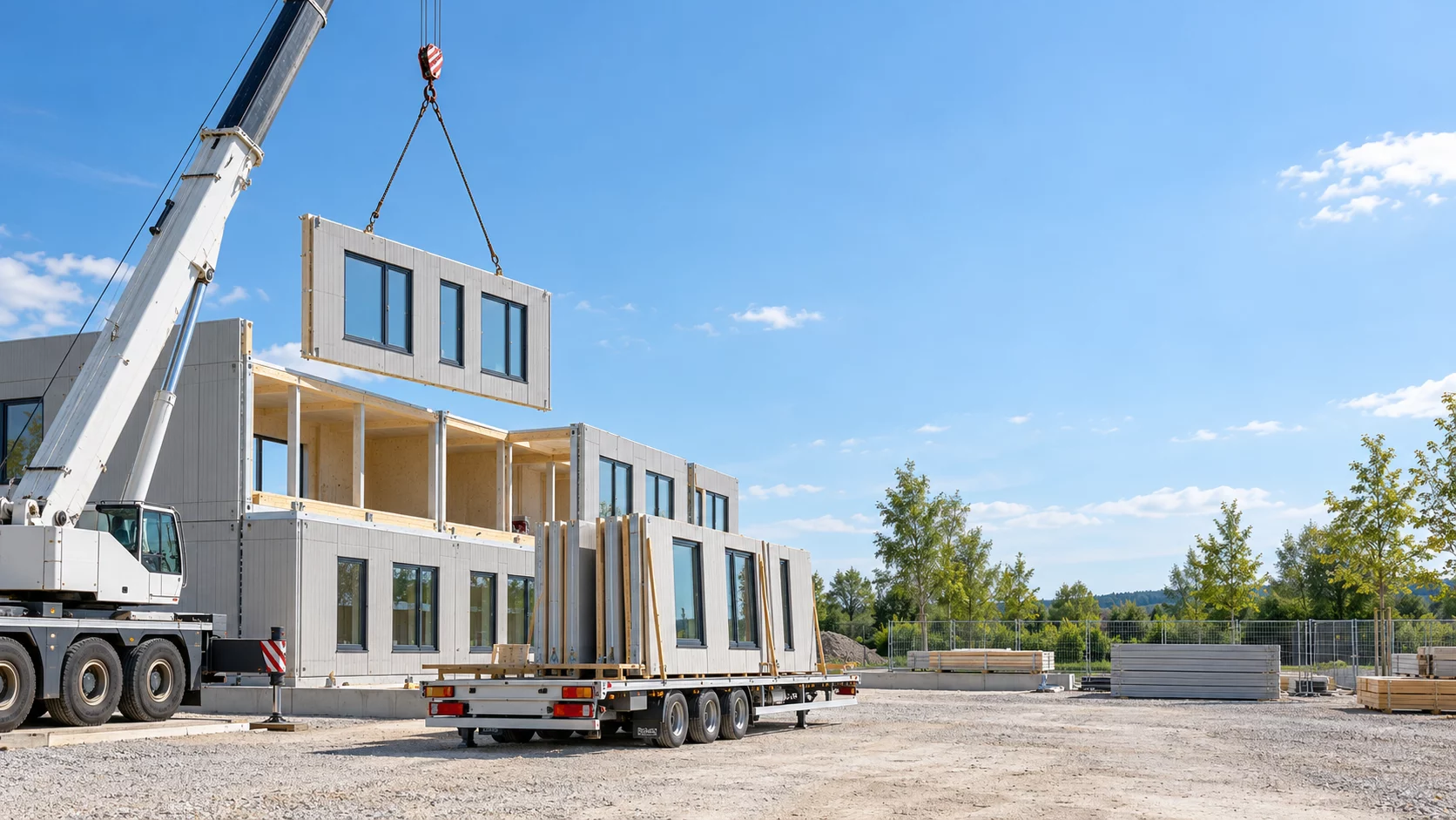 Mobilkran setzt ein vorgefertigtes Wandelement mit Fenstern auf einen modularen Neubau