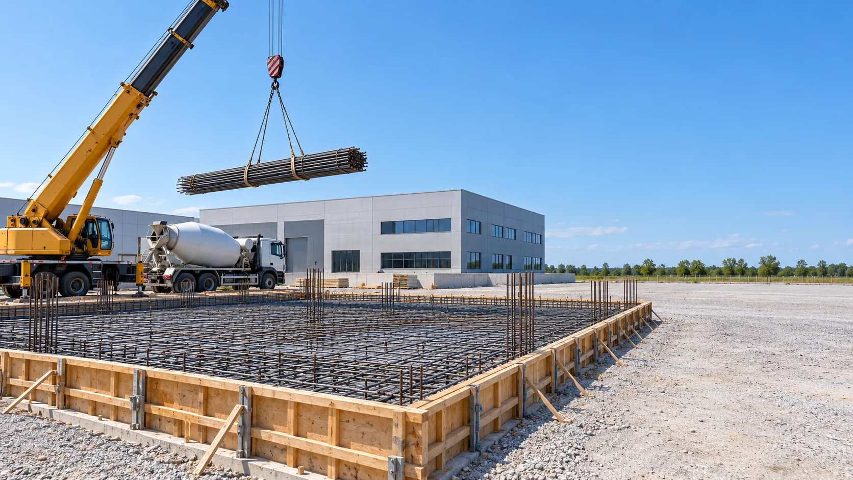 Fundamentbaustelle mit Bewehrung und Schalung, Mobilkran und Betonmischer vor einer Gewerbehalle