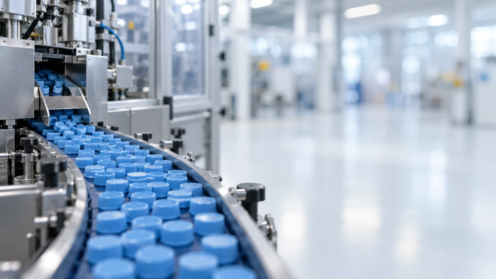 Blaue Verschlusskappen auf einem Förderband in einer Produktionsanlage
