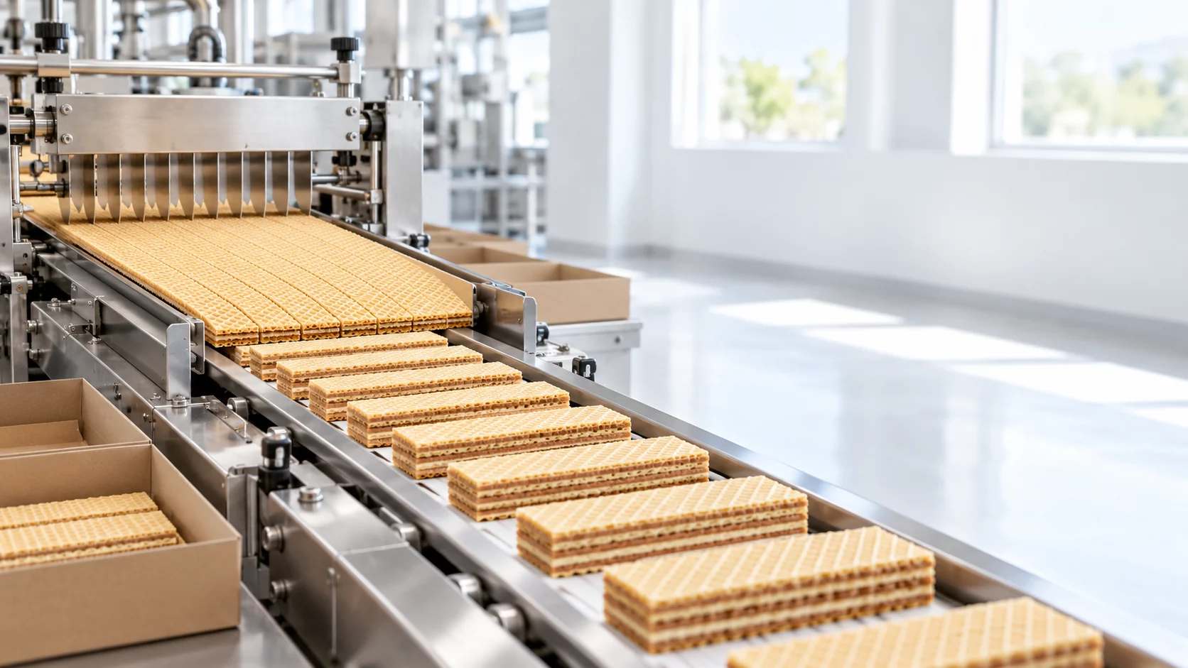 Helle Backlinie mit goldbraunen Waffelblättern und gefüllten Waffelschnitten auf dem Förderband