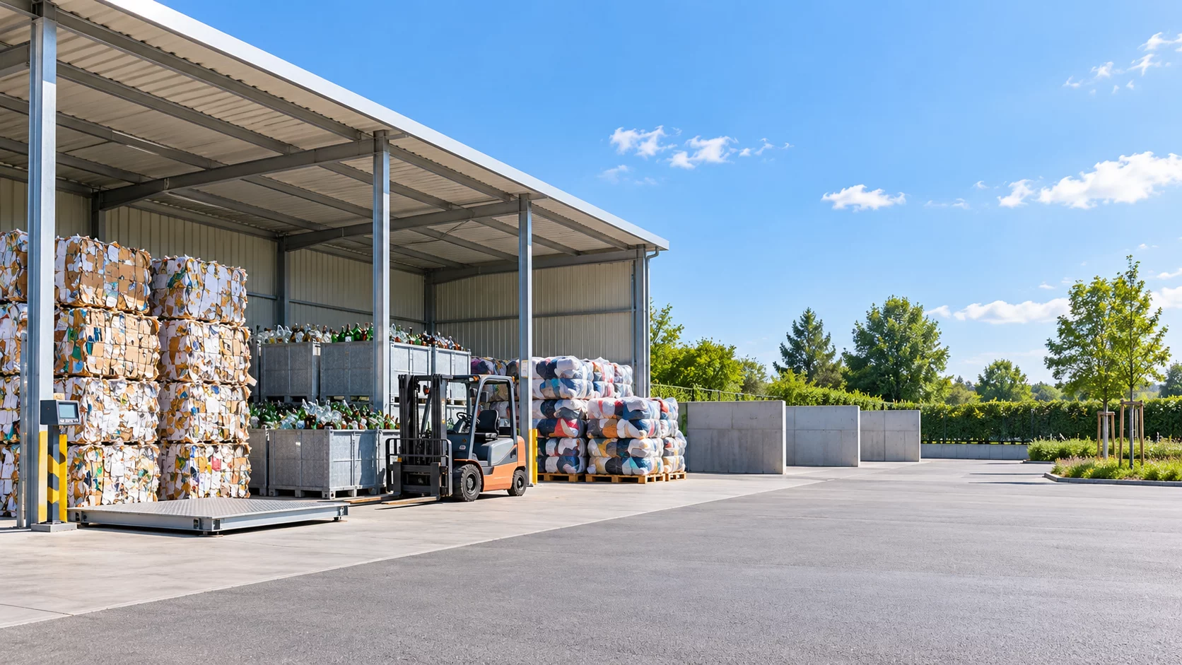 Ankaufstelle mit Papierballen, Glascontainern und gebündelten Textilien unter einem offenen Hallendach