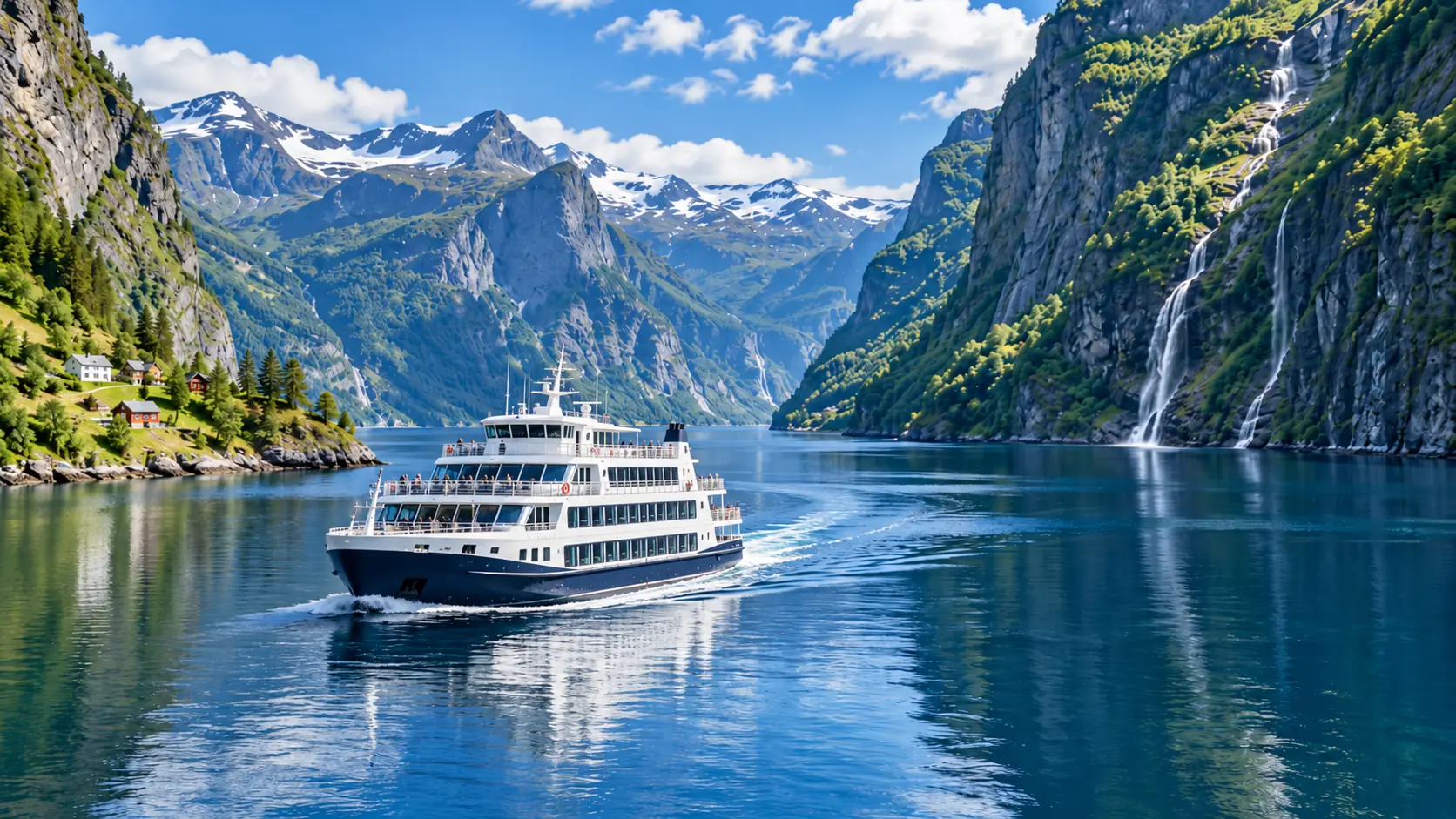 Passagierfähre auf einem Fjord zwischen bewaldeten Felswänden